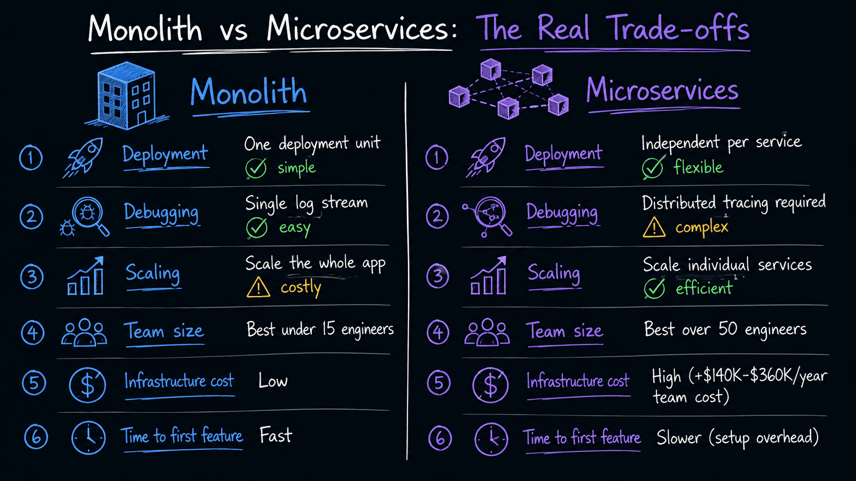 Monolith vs microservices real trade-offs comparison: deployment (simple vs flexible), debugging (single log stream vs distributed tracing), scaling (whole app vs individual services), team size (under 15 vs over 50 engineers), infrastructure cost (low vs $140K–$360K/year), time to first feature (fast vs slower setup overhead)